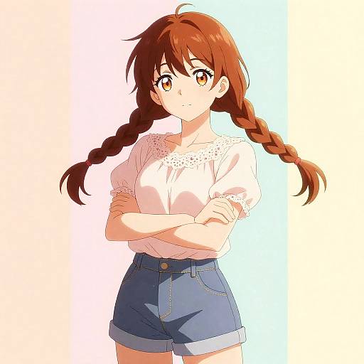 Anime Girl with Chestnut Braids and Pastel Outfit