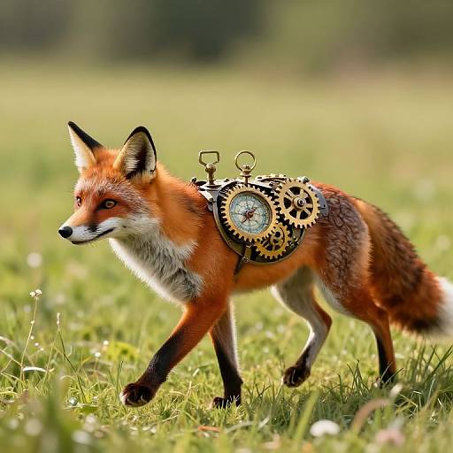 Photograph of a red fox with mechanical gears and cogs attached to its back, walking through a sunlit grassy field.