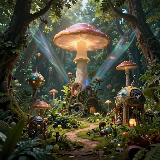 Fantastical forest scene with glowing, oversized mushrooms, intricate steampunk-like lanterns, and radiant beams of light. Whimsical, vibrant