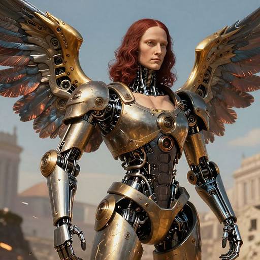 Digital artwork of a red-haired, robot angel woman with golden wings and metallic armor, standing in a sunlit, ancient cityscape.