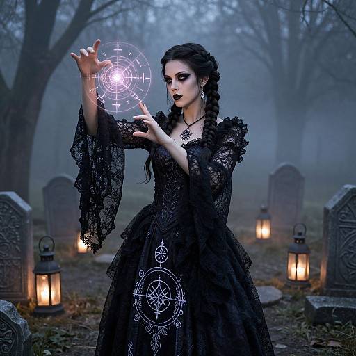 Gothic woman in black lace dress conjures glowing magic circle in misty graveyard, surrounded by lanterns and ancient gravestones.