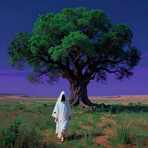 Photograph-style digital art of a person in a white robe and hood standing before a large, lush green tree under a deep blue sky in a grass