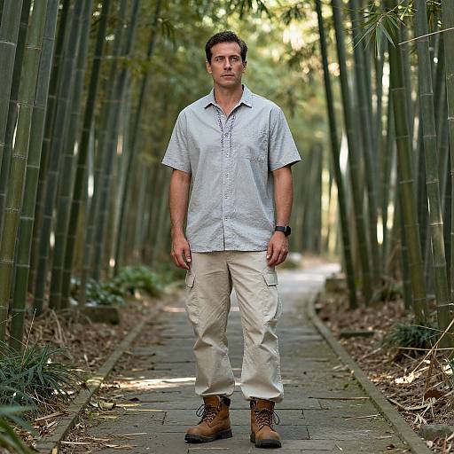 Photograph of a man with short dark hair, wearing a light blue button-up shirt, beige pants, and brown boots, standing on a bamboo forest