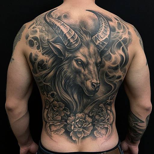 Tattoo of a detailed, realistic goat head with large horns, surrounded by swirling flames and flowers, covering a muscular man's back. Photographic