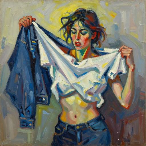 Oil painting of a woman with dark hair, lifting a white shirt to reveal her midriff, holding a blue jacket, vibrant colors.