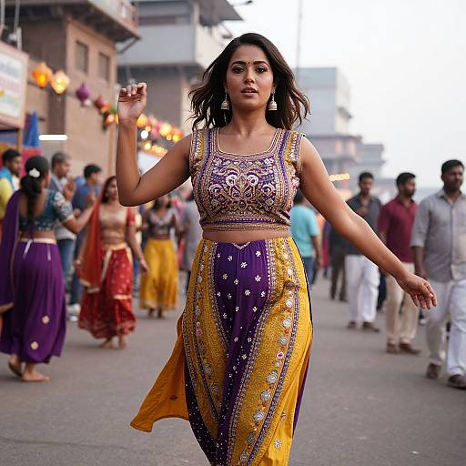 Photograph of an Indian woman dancing in a street festival, wearing a colorful traditional saree with yellow, purple, and gold patterns, surrounded by people