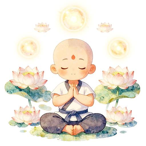 Watercolor illustration of a bald, meditating child with a red forehead dot, sitting cross-legged among pink lotus flowers, hands in prayer position,