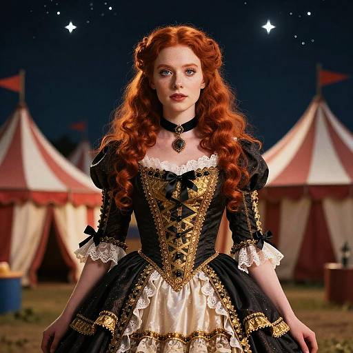 Photograph of a fair-skinned, red-haired woman in elaborate, black and gold Victorian-style dress with lace, standing in front of circus tents at