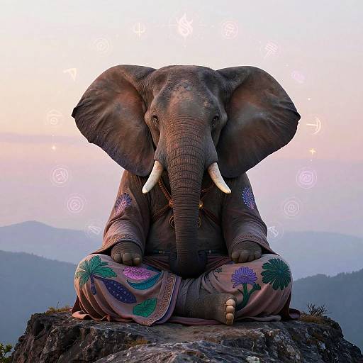 Photograph of a seated, gray elephant with large ears and white tusks, wearing colorful, flower-patterned pants, against a twilight mountain background.