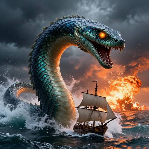Digital artwork of a giant, scaly sea serpent with glowing orange eyes, attacking a burning ship at sea during a fiery sunset.
