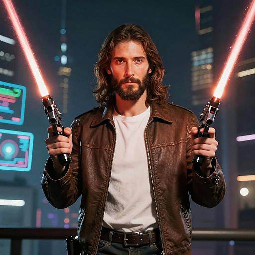 Photograph of a bearded man with long brown hair, holding two glowing red lightsabers, wearing a brown leather jacket over a white shirt,
