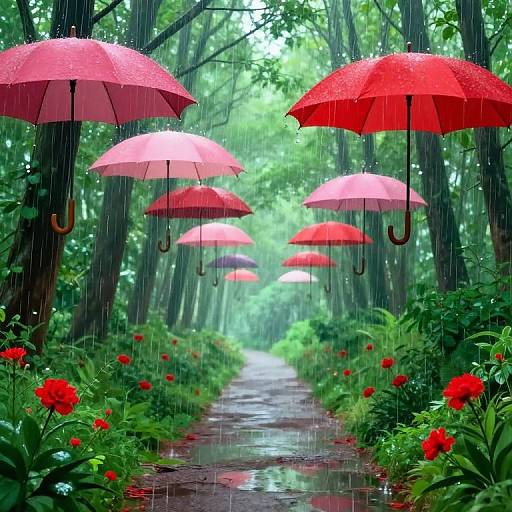 Photograph of a rain-filled forest path with red umbrellas floating above, surrounded by vibrant red flowers and lush green foliage.