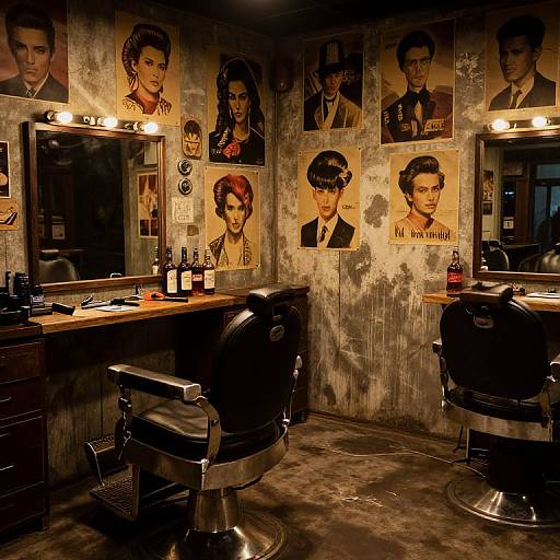 Retro-style barbershop photograph: dimly lit, vintage posters of men with 1950s hairstyles on weathered walls, two black leather