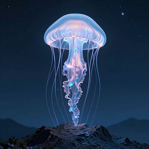 Photorealistic CGI of a glowing blue jellyfish with translucent tentacles floating above rocky terrain under a starry night sky.