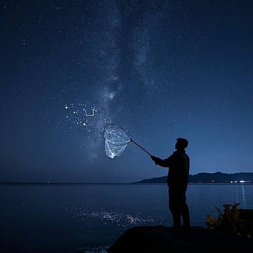 Silhouetted person holding a net catching sparkling stars against a night sky and calm water, with the Milky Way visible. Photograph.