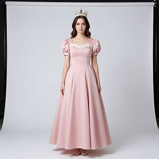 Photograph of a woman with fair skin and dark wavy hair, wearing a pink princess dress with puffed sleeves, white lace trim, and a