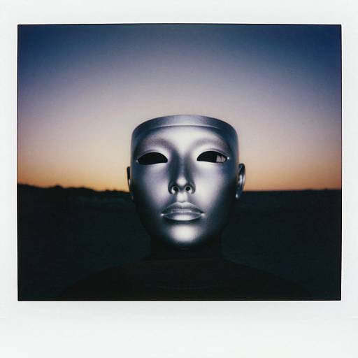 Photograph of a silver metallic mask with smooth, reflective surface, centered against a gradient blue-to-orange twilight sky background.