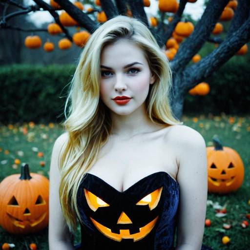 Blonde Woman in Jack-o'-Lantern Dress for Halloween