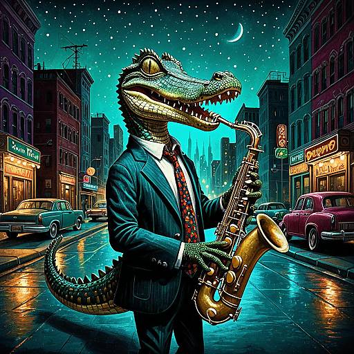 Jazz Alligator Playing Saxophone in Electric Metropolis