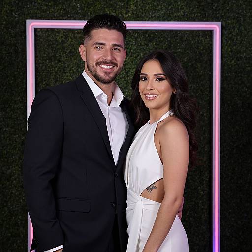 Photograph of a smiling couple; man in black suit, white shirt, and bearded, woman in white dress, black hair, against dark green