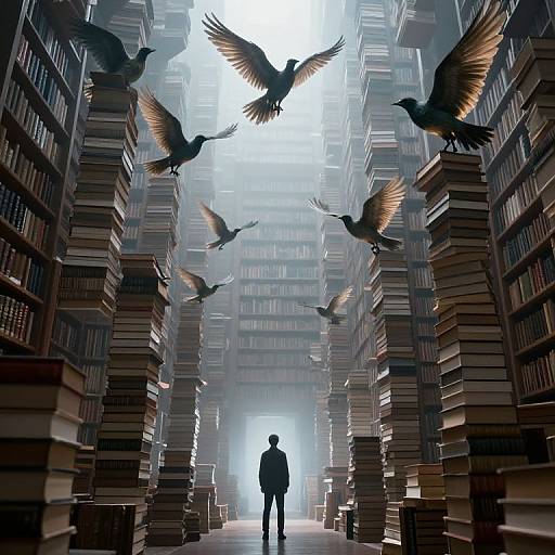 Digital artwork: Silhouetted figure stands in misty, towering library aisle with flying ravens, surrounded by towering bookshelves filled with books