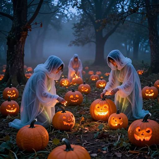 Photograph of two children in white ghost costumes, carving glowing Jack-o'-lanterns in a foggy forest at twilight, surrounded by illuminated pump