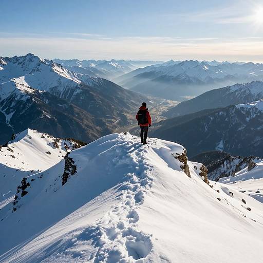 Photograph of a lone hiker in a red jacket standing on a snowy mountain peak, overlooking a vast, sunlit mountain range.
