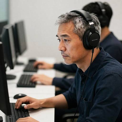 Middle-aged man working with headphones