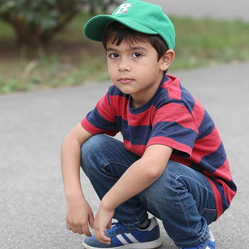 Young Boy Crouching in Outdoor Setting