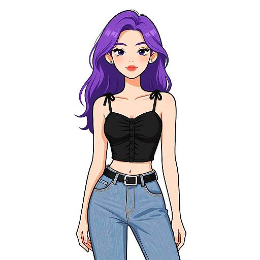 Digital anime-style drawing of a purple-haired woman with fair skin, wearing a black lace crop top and blue high-waisted jeans.