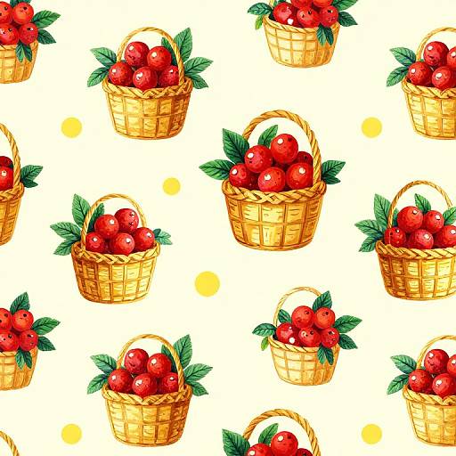 Seamless pattern of illustrated wicker baskets filled with bright red cherries and green leaves on a white background.