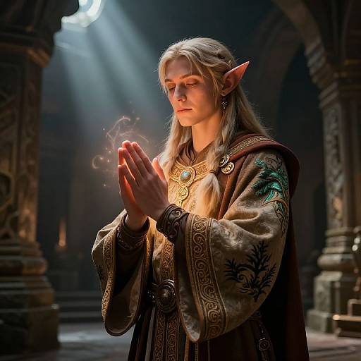 Photorealistic digital art of a blonde elf with pointed ears, closed eyes, and hands in prayer, wearing ornate medieval robes, in a dim