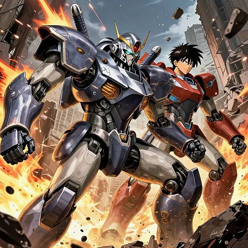 Dynamic anime-style digital artwork of a humanoid robot in blue and red armor, standing amidst an urban explosion with a black-haired young man beside it. Vibr