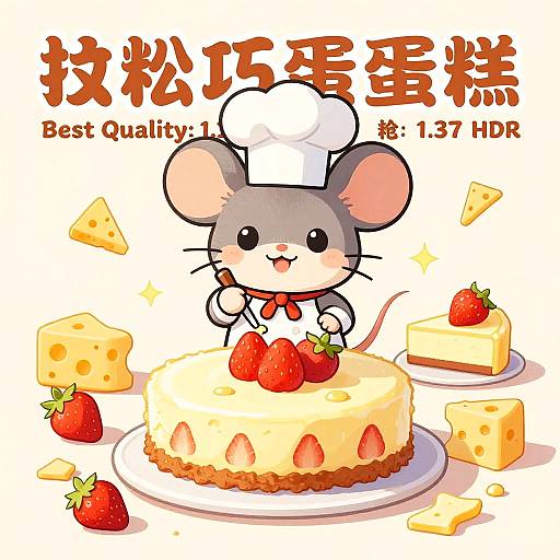 Cute cartoon mouse chef in white hat, holding strawberries, sits on cheese-topped cake with cheese slices and strawberry, Japanese text above. Bright colors
