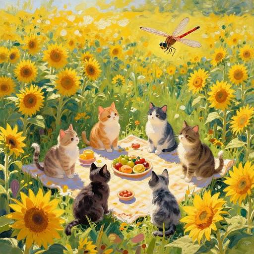 Impressionist Cats' Sunflower Picnic