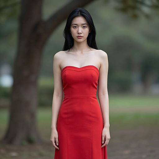 Photograph of an Asian woman with long black hair, wearing a strapless, form-fitting red dress, standing in a blurred, green park.