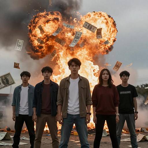 Dramatic Group Shot with Money Explosion
