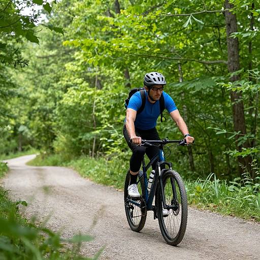 Photograph of a fit, light-skinned man in a blue shirt and black helmet, riding a black mountain bike on a forest path. Dense green