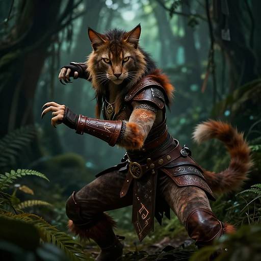 Digital fantasy artwork of a fierce, armored, anthropomorphic cat warrior with orange and brown fur, crouching in a dense, misty forest.