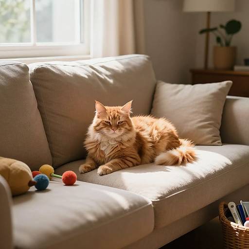Photograph of a fluffy, orange tabby cat lounging on a sunlit beige couch, with colorful pom-poms and a basket of pens in