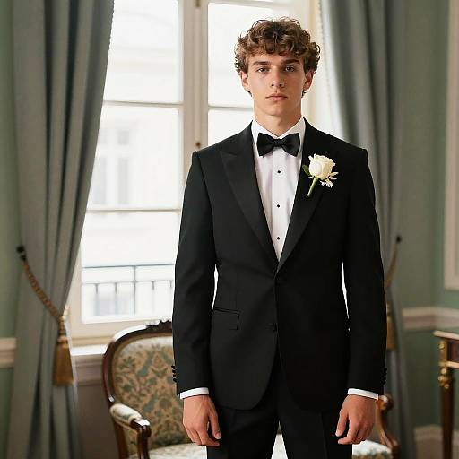 Photograph of a young man with curly brown hair in a black tuxedo with a white rose boutonniere, standing in a formal room
