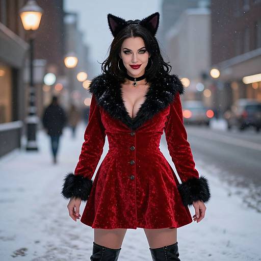 Photograph of a pale-skinned woman with black cat ears, red velvet dress with black fur trim, black thigh-high boots, standing in a snowy