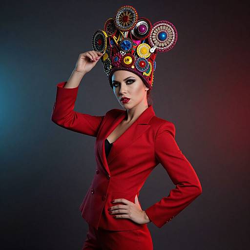 Woman in Red with Ornate Hat
