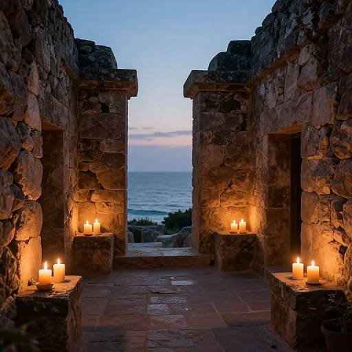 Photograph of a stone-walled courtyard at dusk, illuminated by multiple glowing candles, with a serene ocean view in the background.