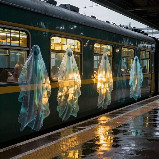 Photograph of a green train with glowing, translucent ghostly figures hanging from its windows at a wet, reflective train station platform.