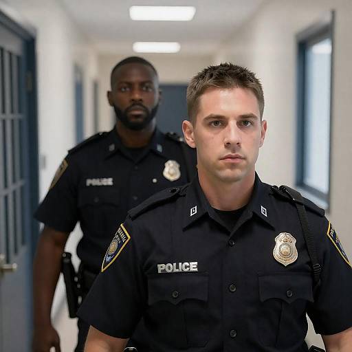 Intense Police Officers in Hallway