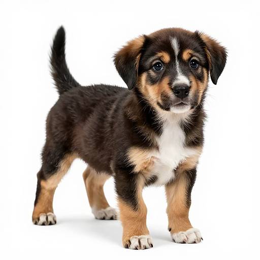 Photograph of a cute, fluffy, black, brown, and white puppy with large, dark eyes, standing on a plain white background.