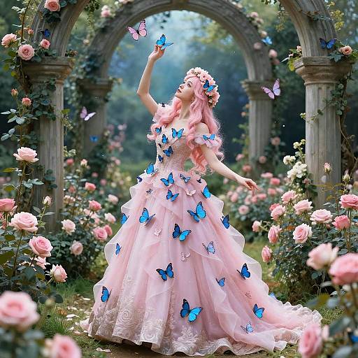 Enchanting fairy in pink butterfly-embellished gown, surrounded by roses and blue butterflies, under a lush, archway garden. Digital fantasy