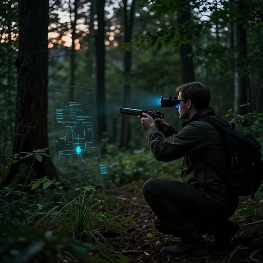 Photograph of a man in dark clothing, crouching in a dense forest, aiming a blue-lit futuristic handgun at a glowing holographic target