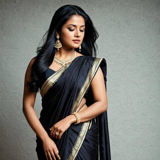 Elegant Woman in Black Saree with Gold Jewelry